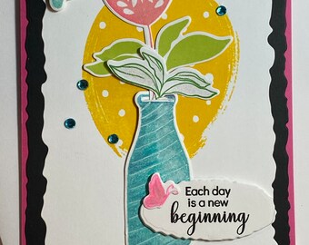 Elke dag is een nieuw begin - kleurrijke vaas met hart bloem handgemaakte wenskaart