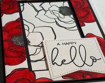 Een vrolijke hallo - mooie rode, witte en zwarte handgemaakte wenskaart