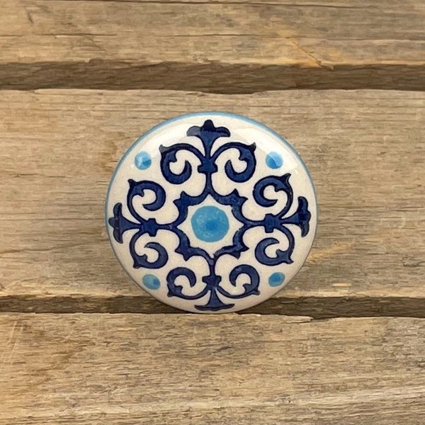Blue and Ivory Scroll Ceramic Drawer Knob, Mediterranean Style Drawer Pull, Decorative Ceramic Knob