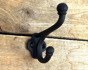 Cast Iron Double Coat Hook, Rustic Hook, Dark Brown or Black Wall Hook