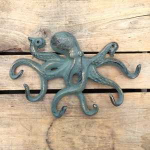 Octopus Key Rack, Octopus Wall Hook, Cast Iron Green and Gold Octopus Hook, Jewelry Hanger