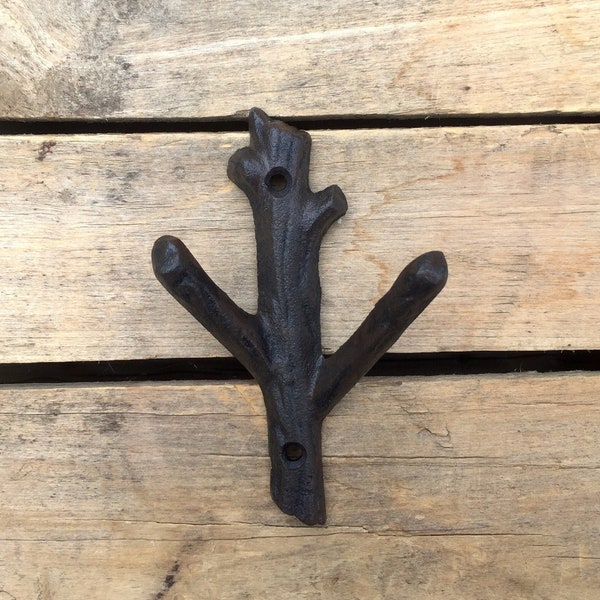Small Tree Branch Wall Hook, Small Rustic Branch Hooks, Cast Iron Tree Branch Double Hook