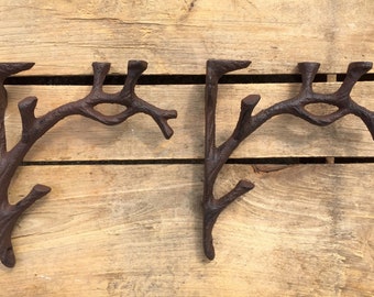 Pair of Decorative Tree Branch Shelf Brackets, Decorative Cast Iron Tree Branch Shelf Brackets, Pair of Cast Iron Shelf Brackets