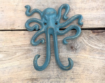 Octopus Cast Iron Wall Hook, Cast Iron Green and Gold Octopus Hook, Octopus Double Hook, Octopus Hanger