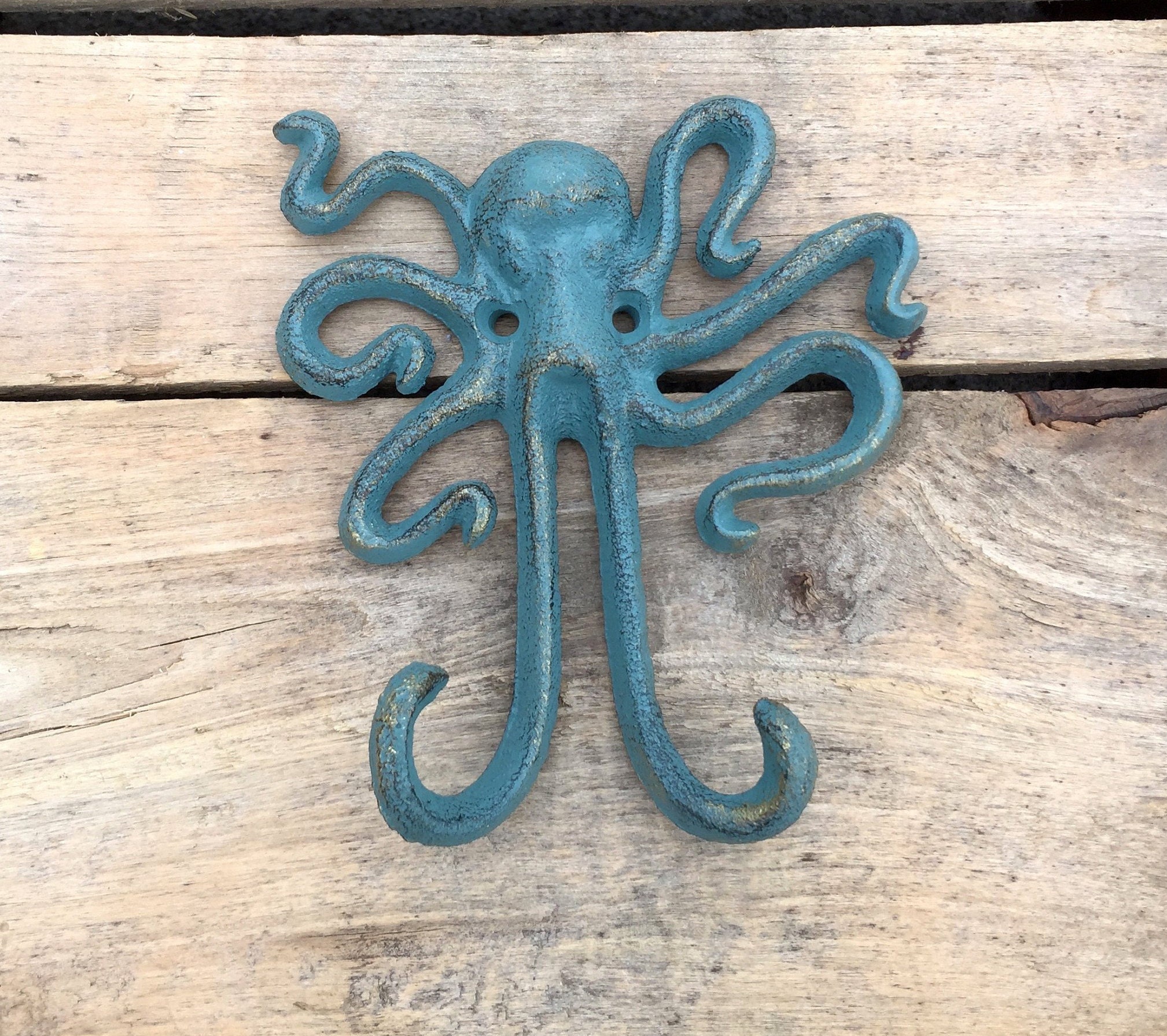 Octopus Cast Iron Wall Hook, Cast Iron Green and Gold Octopus Hook