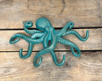 Octopus Key Rack, Octopus Wall Hook, Cast Iron Green and Gold Octopus Hook, Jewelry Hanger