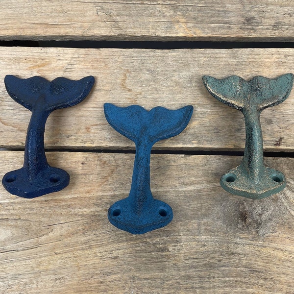 Mini Whale Tail Wall Hook, Blue and Green Small Whale Tail Wall Hook, Cast Iron Whale Tail Hook