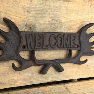 Antler Welcome Sign, Cast Iron Welcome Sign with Antlers, Rustic Welcome Plaque, Welcome Entryway Sign, Welcome Porch Sign image 1