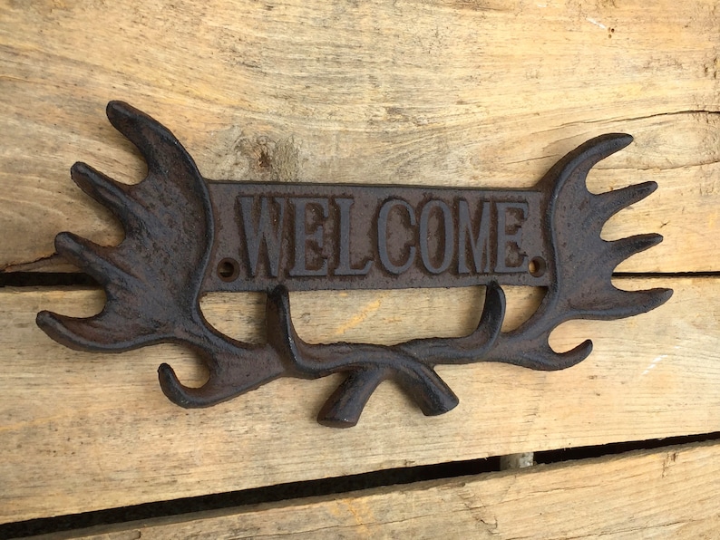 Antler Welcome Sign, Cast Iron Welcome Sign with Antlers, Rustic Welcome Plaque, Welcome Entryway Sign, Welcome Porch Sign image 1