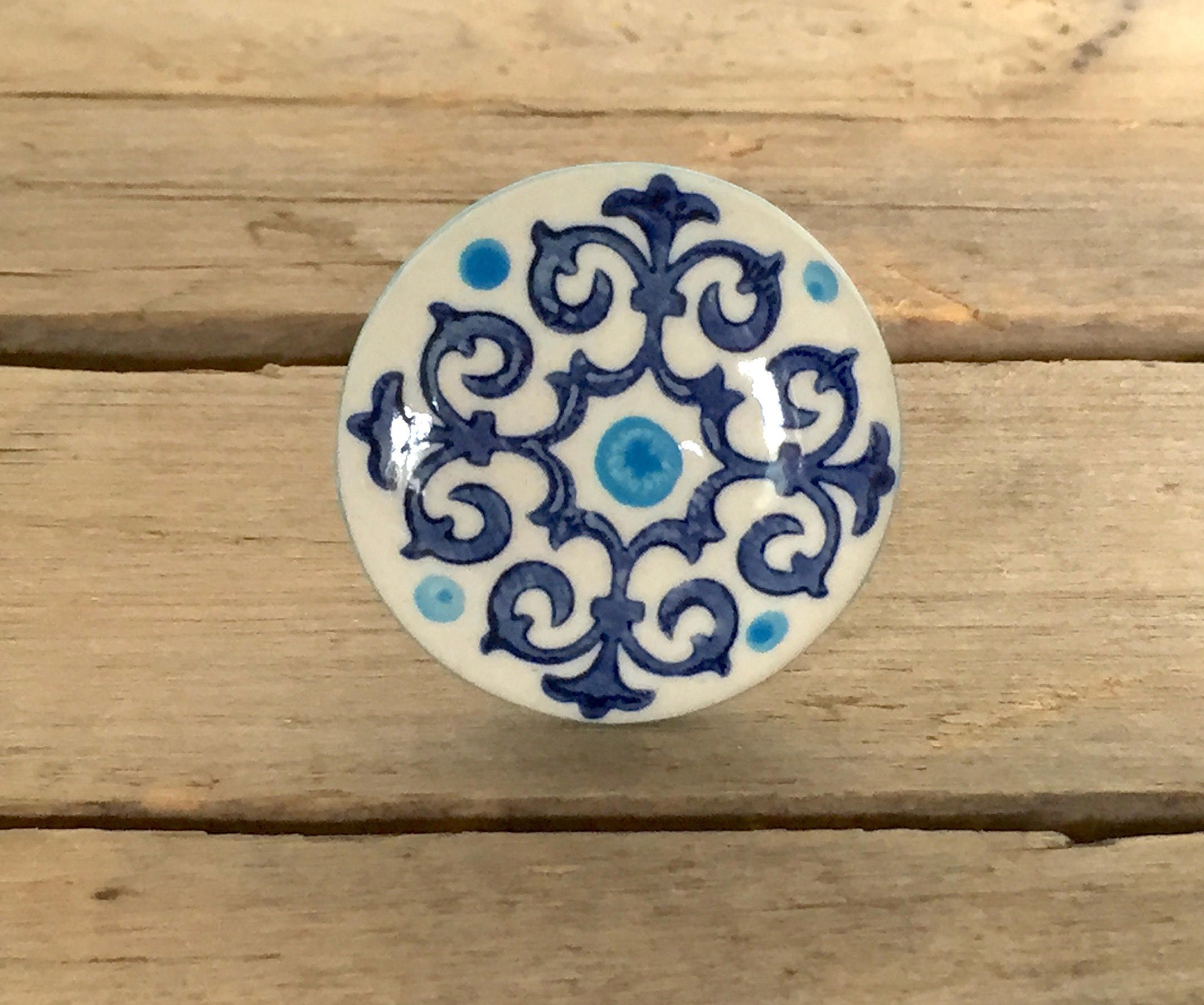 Blue and White Scroll Ceramic Drawer Knob