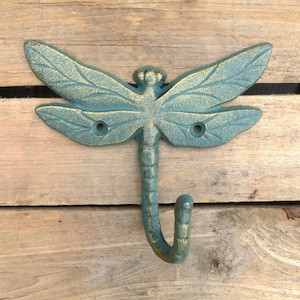 Dragonfly Wall Hook, Cast Iron Turquoise and Gold Dragonfly Hook, Robe Hanger, Towel Hanger