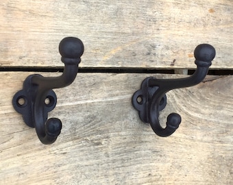 Pair of Rustic Cast Iron Double Hooks, Pair of Cast Iron Coat Hooks, Dark Brown Cast Iron Hooks