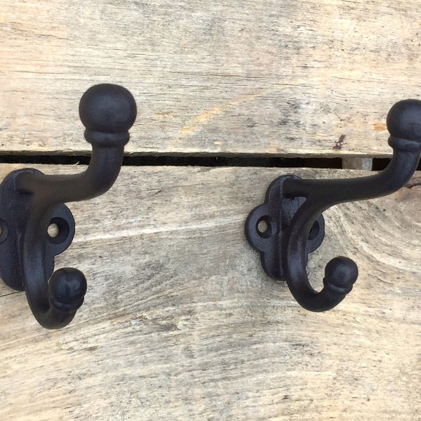 Pair of Rustic Cast Iron Double Hooks, Pair of Cast Iron Coat Hooks, Dark Brown Cast Iron Hooks