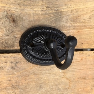 May include: Black cast iron wall hook with an oval backplate and a double hook design. The backplate features a floral pattern and a beaded border. The hook is mounted on a wooden surface.