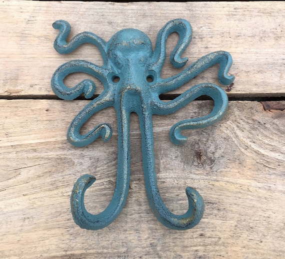 Octopus Cast Iron Wall Hook, Cast Iron Green and Gold Octopus Hook