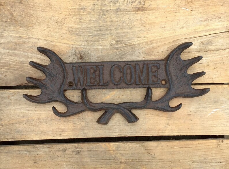 Antler Welcome Sign, Cast Iron Welcome Sign with Antlers, Rustic Welcome Plaque, Welcome Entryway Sign, Welcome Porch Sign image 2