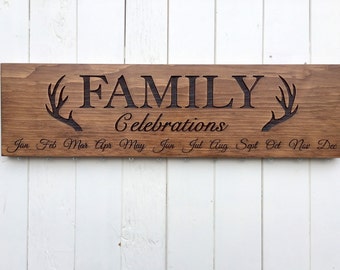 Family CELEBRATIONS Calendar Board with Antlers, Family Birthdays Board, Anniversaries Board, Family Calendar Sign