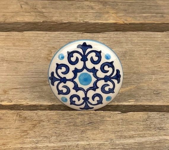 Blue and Ivory Scroll Ceramic Drawer Knob