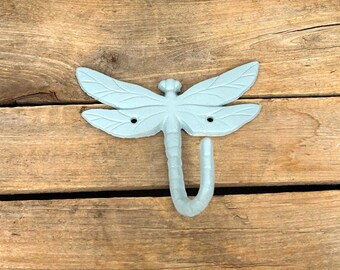 Dragonfly Wall Hook, Cast Iron Light Blue and Green Dragonfly Hook, Robe Hanger, Towel Hanger