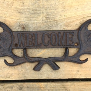 Antler Welcome Sign, Cast Iron Welcome Sign with Antlers, Rustic Welcome Plaque, Welcome Entryway Sign, Welcome Porch Sign image 4