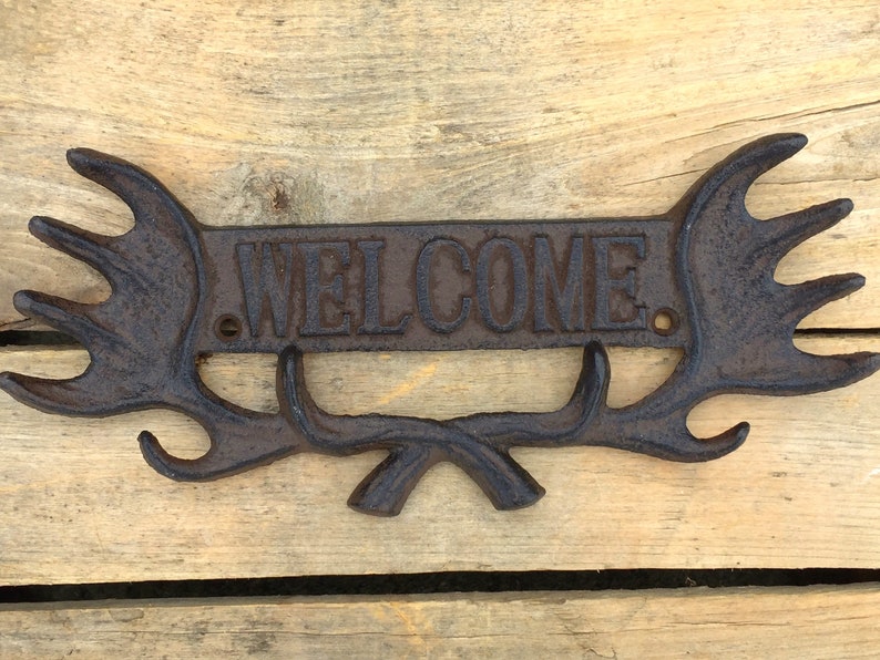 Antler Welcome Sign, Cast Iron Welcome Sign with Antlers, Rustic Welcome Plaque, Welcome Entryway Sign, Welcome Porch Sign image 4