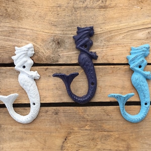 Mermaid Wall Hook, Cast Iron Mermaid Hook, Blue and White Mermaid Wall Hooks