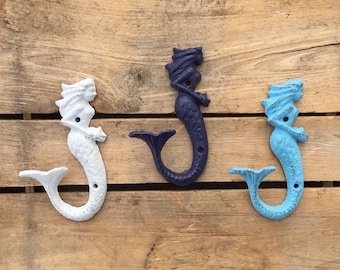 Mermaid Wall Hook, Cast Iron Mermaid Hook, Blue and White Mermaid Wall Hooks