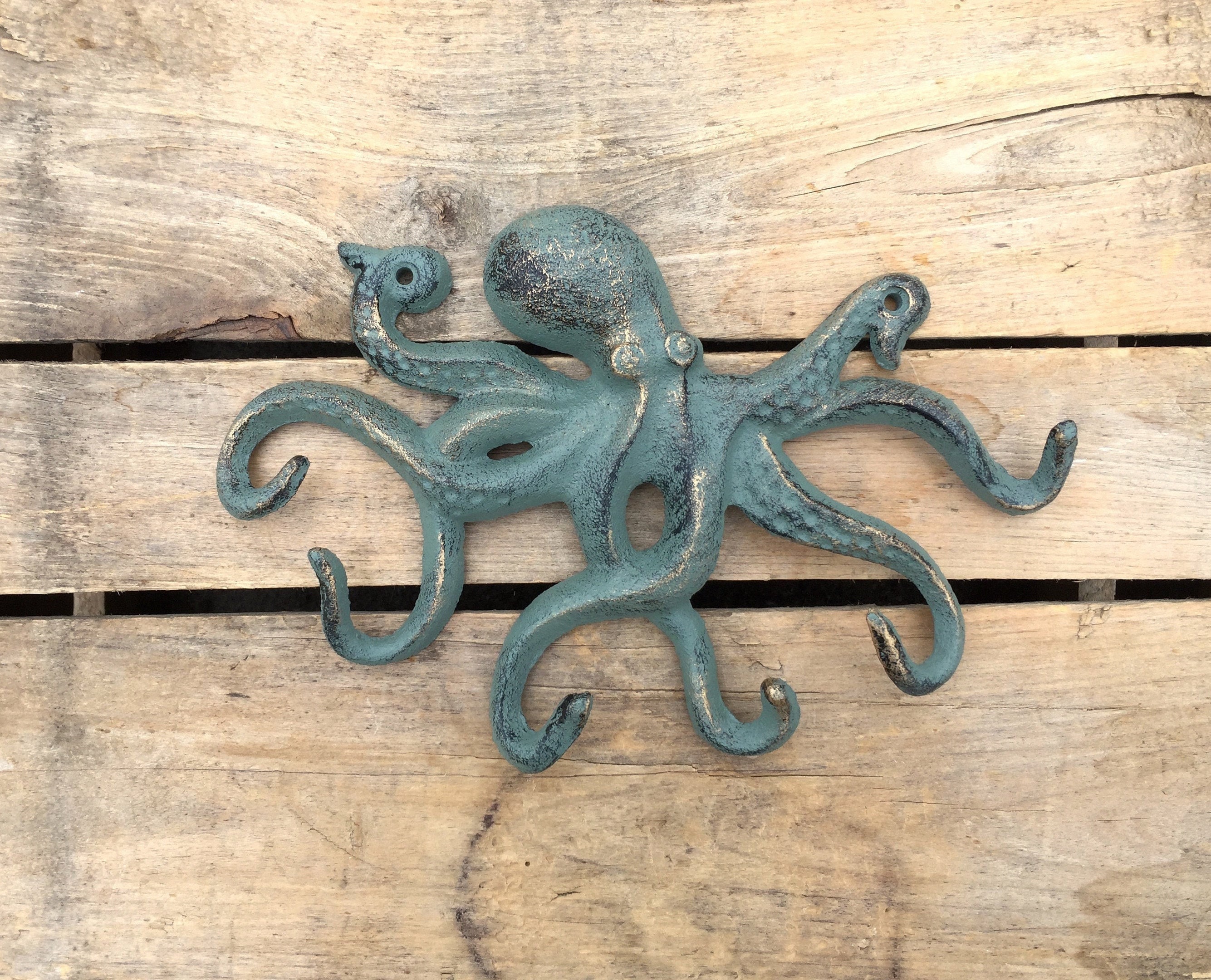 Octopus Key Rack, Octopus Wall Hook, Cast Iron Green and Gold Octopus Hook,  Jewelry Hanger 