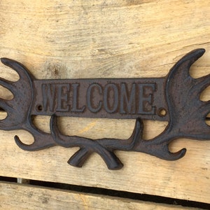 Antler Welcome Sign, Cast Iron Welcome Sign with Antlers, Rustic Welcome Plaque, Welcome Entryway Sign, Welcome Porch Sign image 3