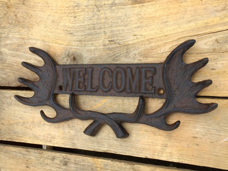 Antler Welcome Sign, Cast Iron Welcome Sign with Antlers, Rustic Welcome Plaque, Welcome Entryway Sign, Welcome Porch Sign image 3