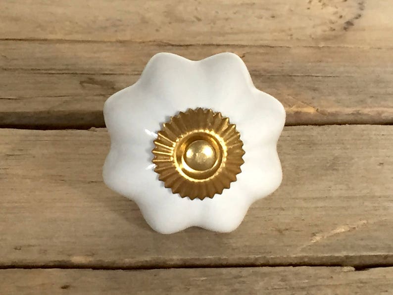 White and Gold Ceramic Drawer Knob VintageStyle Drawer Pull Etsy