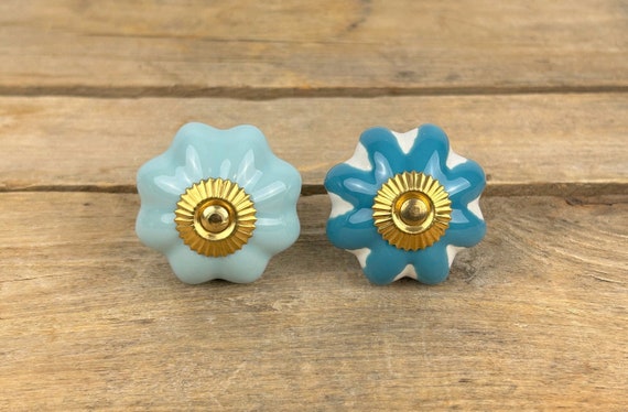 Turquoise and Gold Ceramic Drawer Knob