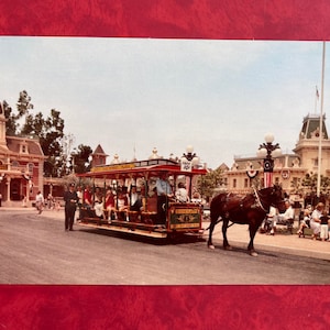 Vintage Disneyland Main Street U.S.A. Postcard - Town Square - Horse Drawn Street Car trolley brown back 1955