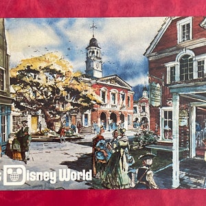 Vintage Walt Disney World - The Magic Kingdom - Liberty Square - Cartão postal de pré-abertura com renderização artística 1971 RARE