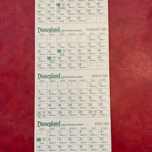 Vintage Disneyland Park Operating Calendar January through August 1985
