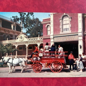 Vintage Disneyland Main Street U.S.A. Postcard - Town Square - Disneyland Fire Department Station - Horse Drawn Carriage brown back