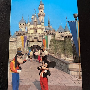 Vintage Disneyland Fantasyland Postcard - Sleeping Beauty's Castle - Mickey and Goofy Taking Pictures