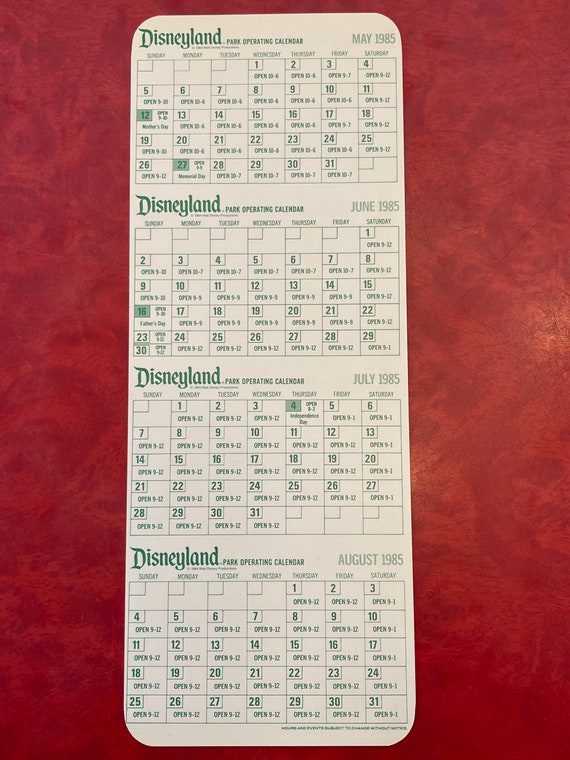 Vintage Disneyland Park Operating Calendar January Through August 1985 -  Etsy