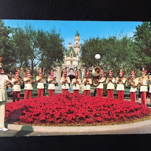 Vintage Disneyland Main Street U.S.A. Postcard - Disneyland Band and Sleeping Beauty&#39;s Castle