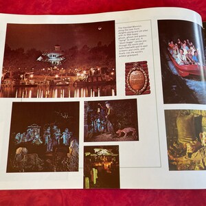 May include: A vintage brochure with images of the Haunted Mansion attraction at Disneyland. The brochure features a nighttime view of the mansion, a group of people riding a boat, and a close-up of a ghostly figure. The text on the brochure reads "The Haunted Mansion" and "New Orleans Square".
