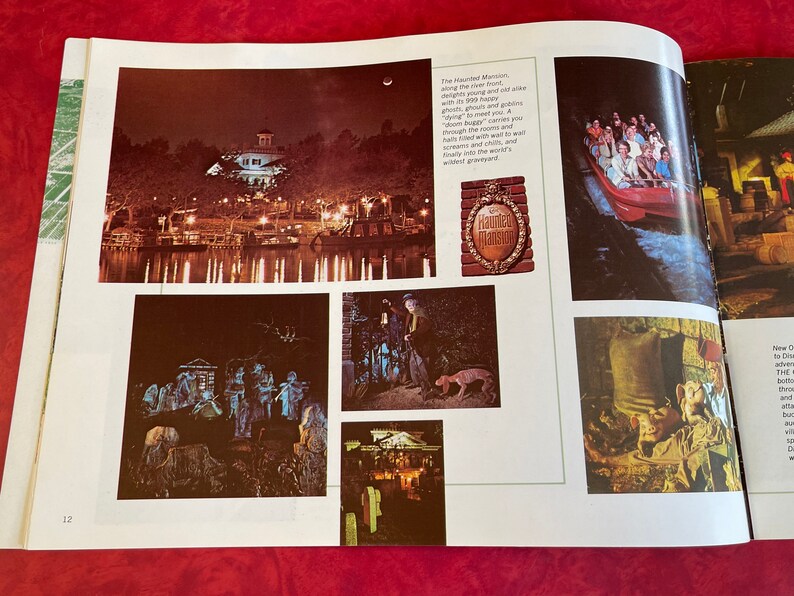May include: A vintage brochure with images of the Haunted Mansion attraction at Disneyland. The brochure features a nighttime view of the mansion, a group of people riding a boat, and a close-up of a ghostly figure. The text on the brochure reads "The Haunted Mansion" and "New Orleans Square".