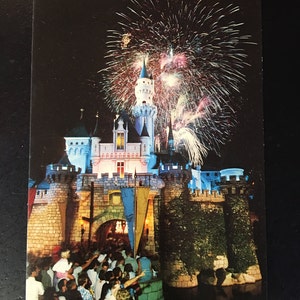Vintage Disneyland Fantasyland Postcard - Sleeping Beauty's Castle - Night with Fireworks