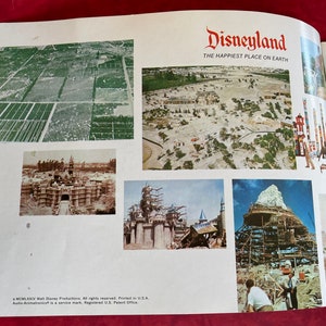 May include: A vintage brochure for Disneyland, featuring the text "Disneyland, The Happiest Place on Earth." The brochure shows aerial photos of the park under construction, including the iconic Sleeping Beauty Castle.