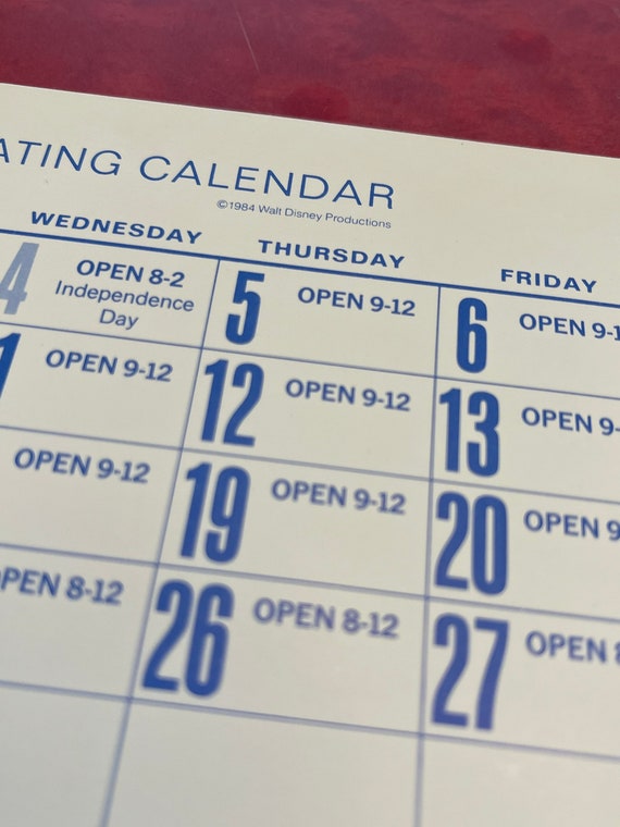 Vintage Disneyland Park Operating Calendar July Through December 1984 -  Etsy Hong Kong