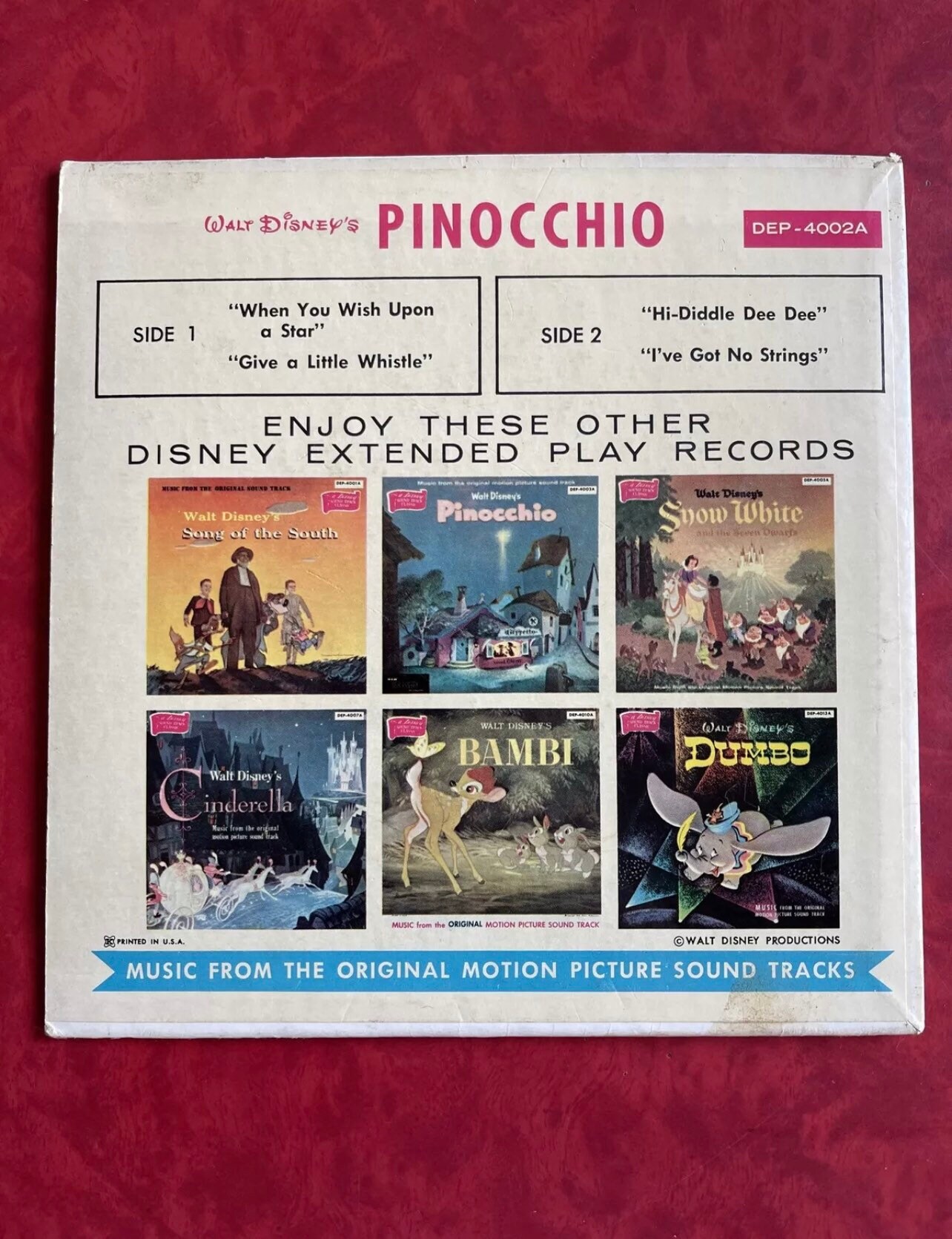 Walt Disney's Pinocchio 7” DEP-4002A Disneyland Records 45