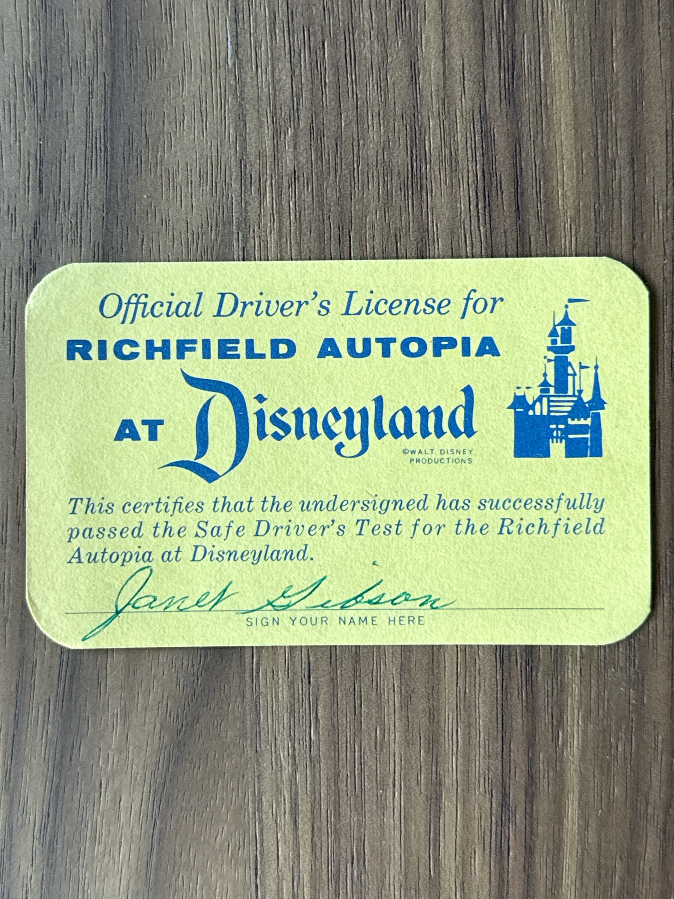 Vintage Disneyland Richfield Autopia Official Drivers License ID
