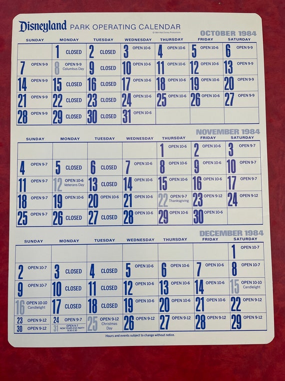 Vintage Disneyland Park Operating Calendar July Through December 1984 - Etsy