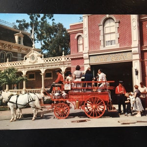 Vintage Disneyland Main Street U.S.A. Postcard - Town Square - Disneyland Fire Department Station - Horse Drawn Carriage 1955