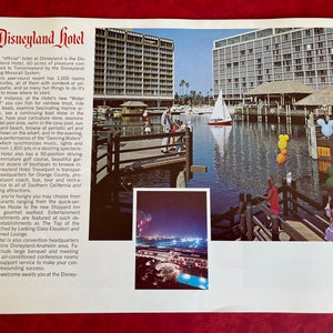 May include: A vintage brochure for the Disneyland Hotel in Anaheim, California. The brochure features a photo of the hotel building, a photo of the hotel's marina, and a photo of a fireworks display over the hotel. The brochure text describes the hotel's amenities, including its restaurants, shops, and recreational activities.
