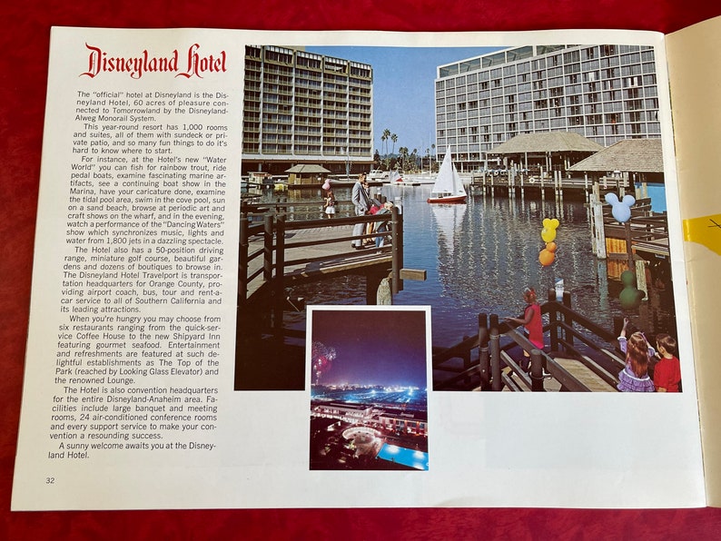 May include: A vintage brochure for the Disneyland Hotel in Anaheim, California. The brochure features a photo of the hotel building, a photo of the hotel's marina, and a photo of a fireworks display over the hotel. The brochure text describes the hotel's amenities, including its restaurants, shops, and recreational activities.
